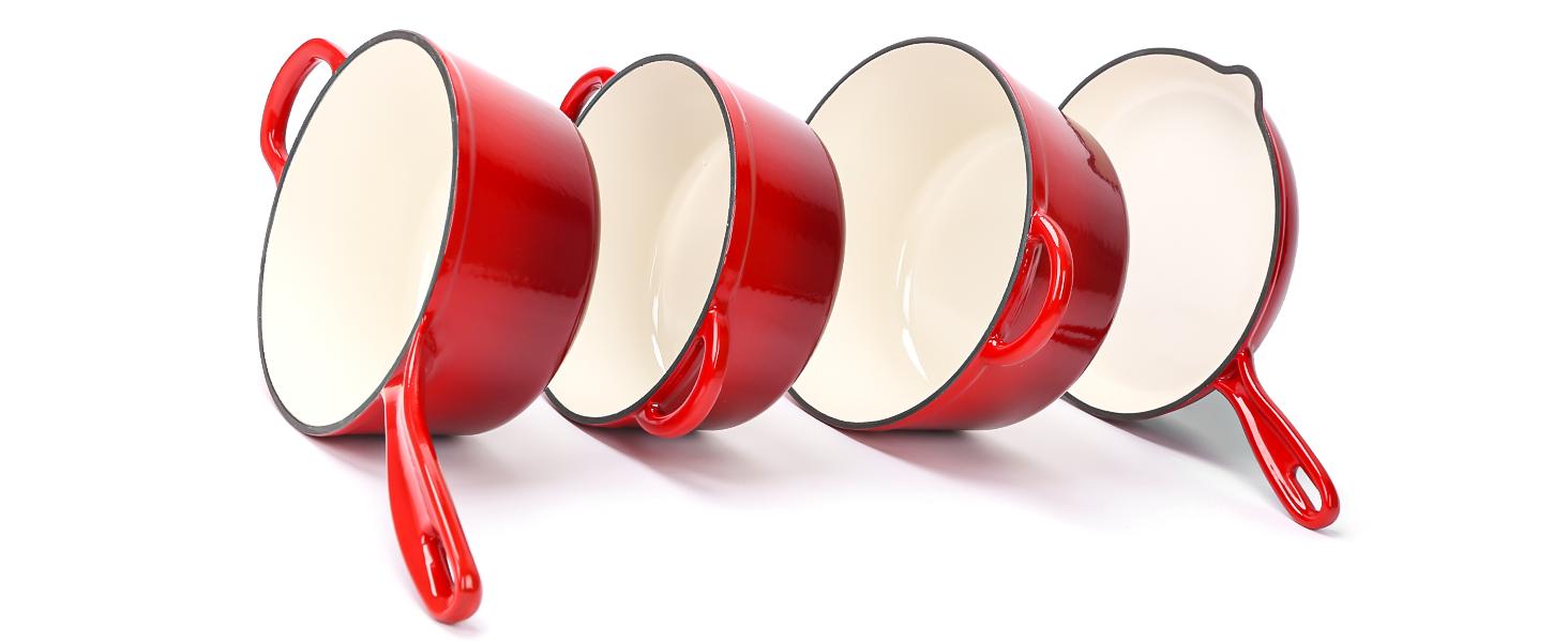 Elf Grill Enameled Cast Iron Cookware Set 7 Piece Rouge Red Dutch Ovens Sauce Pan Skillet 3 Lids Nonstick Heavy Duty Gas Induction Compatible PFA Free Kitchenware - Pot