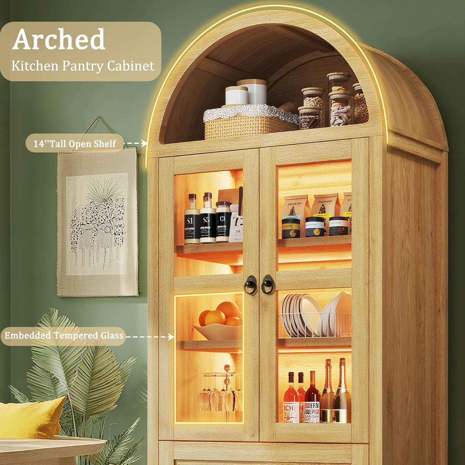 71" Tall Arched Kitchen Pantry, Pantry Cabinet, Kitchen Storage Cabinets with 2 Large Drawers & Adjustable Shelves & Glass Door for Living Room,Dining Room, Natrual