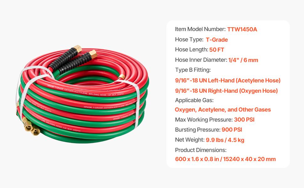 VEVOR Oxygen Acetylene Hose, 1/4-Inchx 50FT Oxy Acetylene Hose with 9/16-18 B Fitting, 300PSI T Grade Welding Cutting Torch Twin Hose, Compatible with Oxygen, Acetylene, Propane and Other Fuel Gases