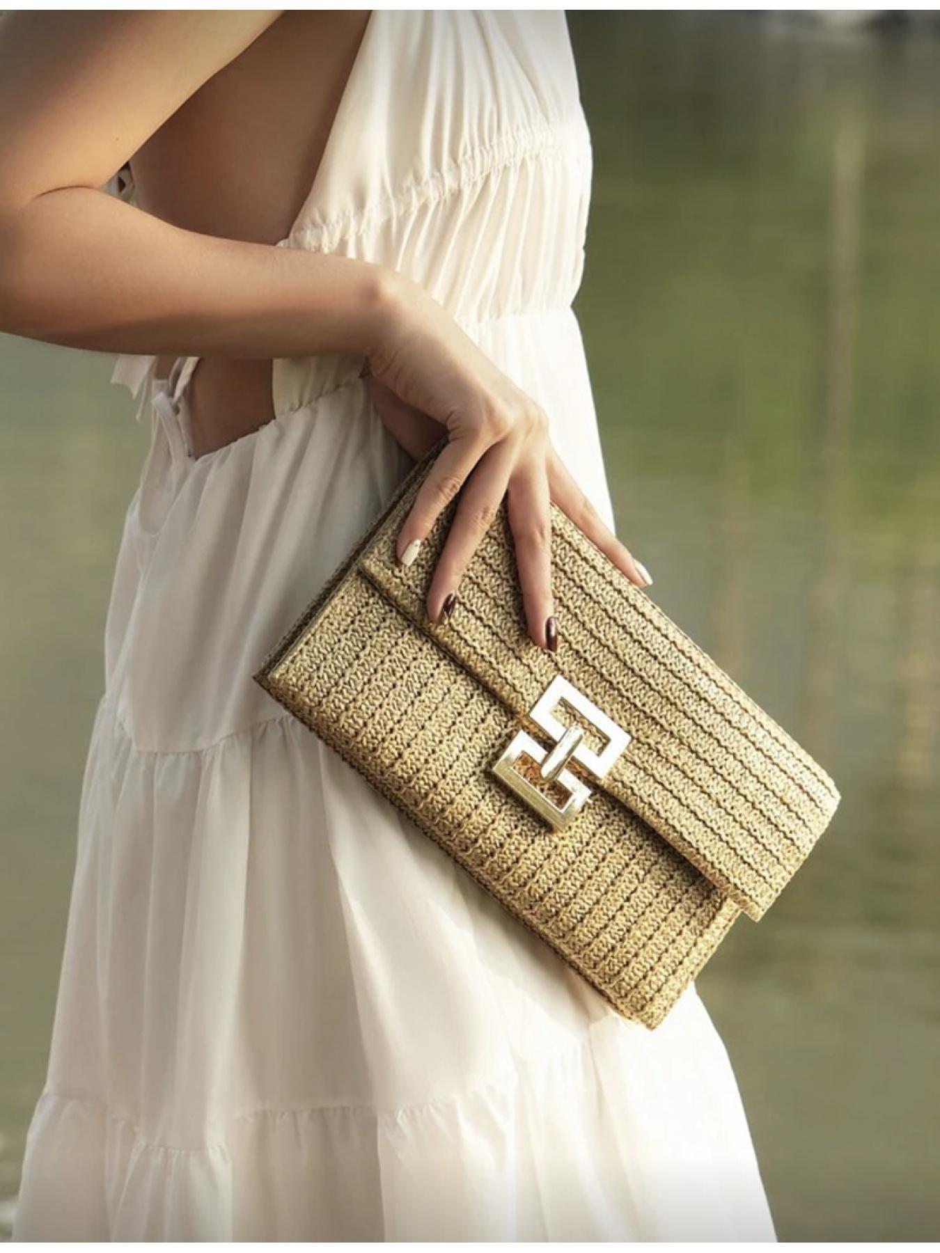 Multi-layer Twist Lock Flap Gold Handbag Casual Shoulder Bag Woven Design Ideal for Beach Getaway and Christmas New Year Presents