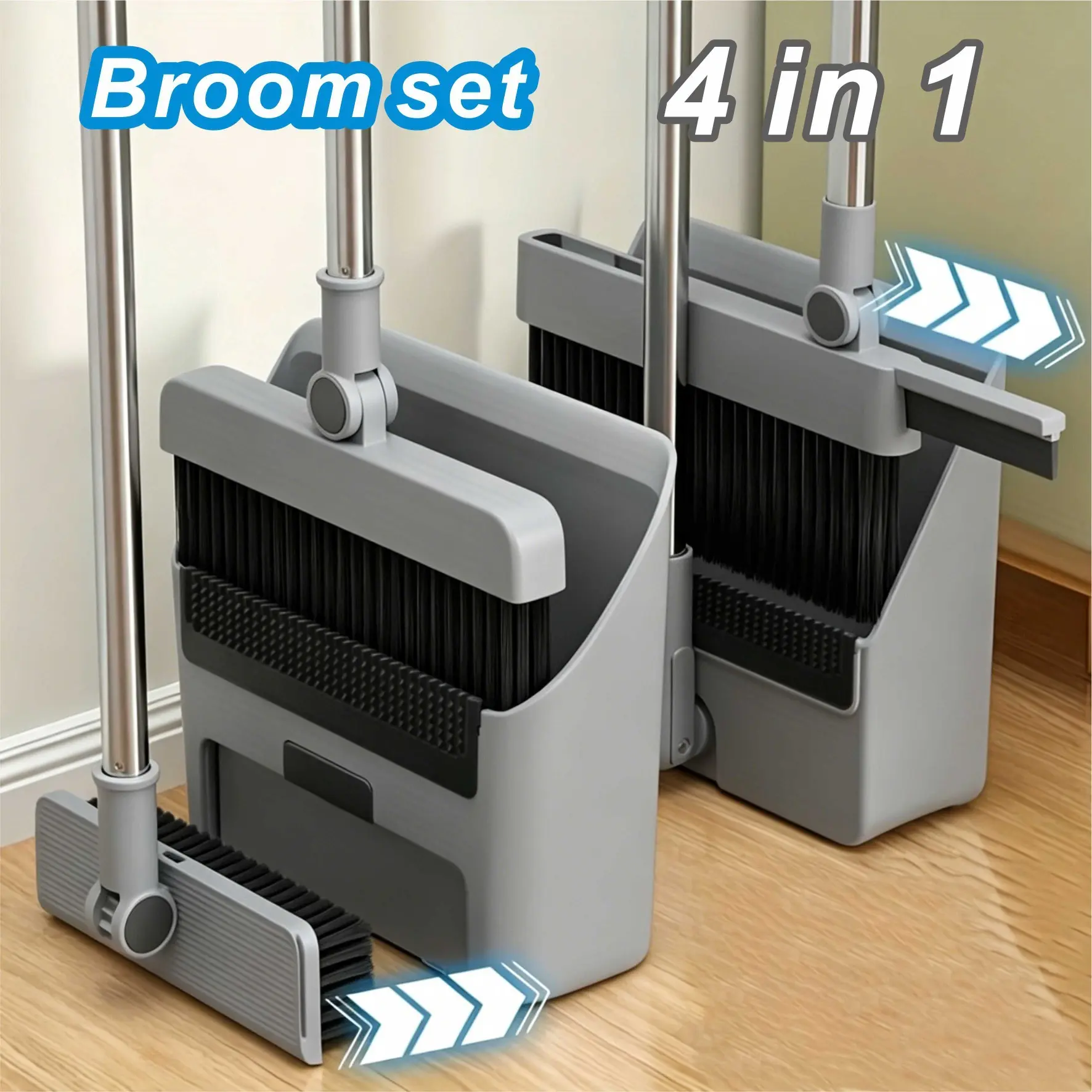 4 in 1 Broom and Dustpan Set with Squeegee Floor Brush, Self Cleaning Teeth 180° Rotating Head, Space Saving Long Handle Cleaning Set for Home Kitchen Bathroom, Gray