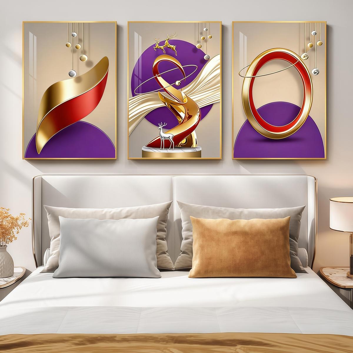 3 Counts Aluminum Alloy Framed Painting, Abstract Golden And Red Geometric Shapes With Deer Pictures, Home Decoration For Living Room, Bedroom, Office, Restaurant, Hallway Wall Decor, Odorless Print Artwork, Luxury Perfect Gift For Friends And Family