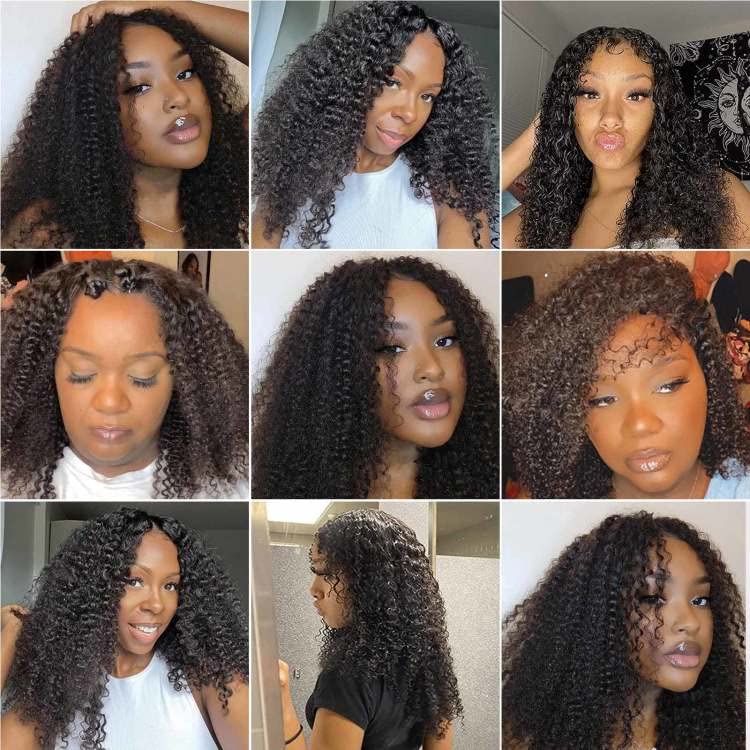 Tahikie V Part Curly Wig Human Hair Upgraded V Part Real Hair Wig Minimal No Sew in No Glue Glueless Afro Kinky Natural Black Brazilian High-Quality 100% Human Hair Beginner Friendly