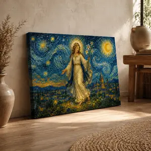 Divine Figure with Lilies Under Starry Sky Horizontal Canvas Wall Art, Spiritual Van  Inspired Poster, Home Decor for Living Room Bedroom, Available as Unframed Canvas Poster or Framed Canvas Wrap