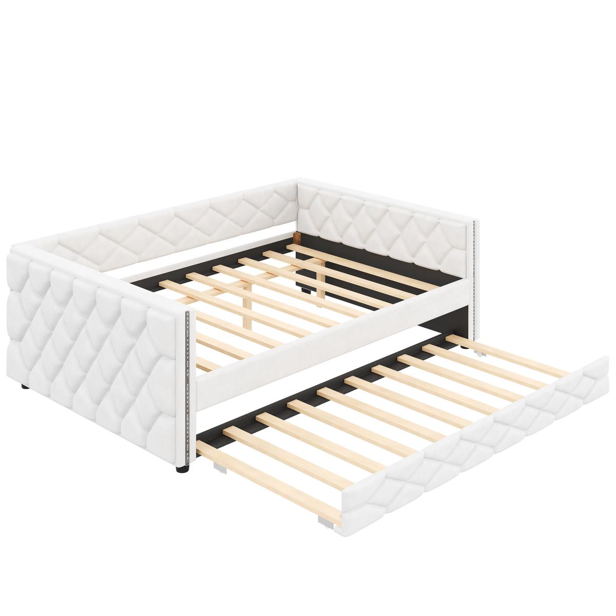 PU Leather Upholstered Daybed with Pull Out Trundle Bed, LED Light Armrests, Multi-Functional Sofa Bed, Solid Wood Frame for Guest Room PU Leather Upholstered Daybed with Pull Out Trundle Bed, LED Light Armrests, Multi-Functional Sofa Bed, Solid Wood Frame for Guest Room