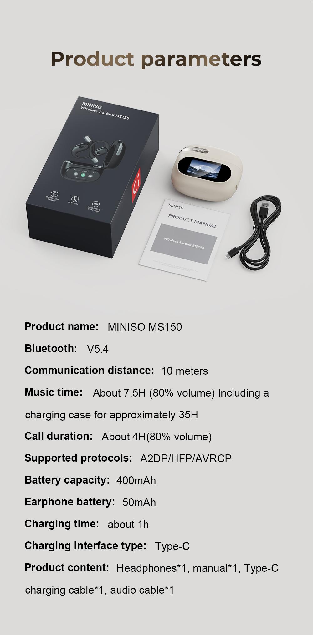 MINISO MS150 True Wireless Hanging Ear Bluetooth 5.4 headphone| HiFi Sound, Waterproof, Full Color Touch Screen, Noise Reduction, audio