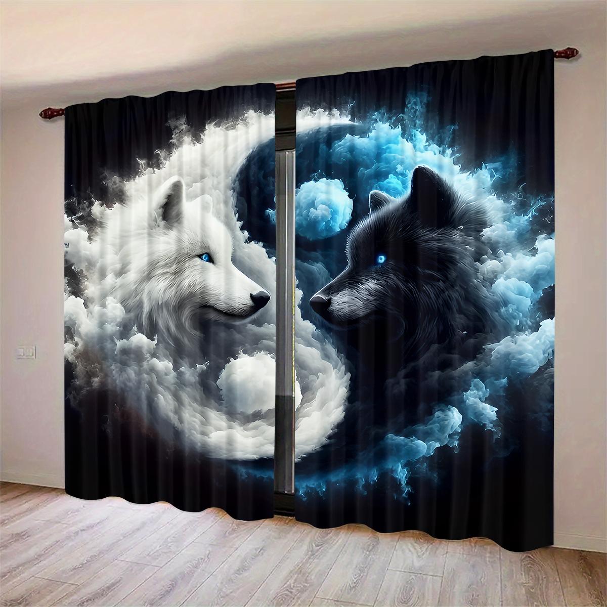 2-Piece & Wolf Cloud Moon Scene Digital Print Curtains, Semi-Transparent Polyester Fabric, Rod Pocket Design, Bedroom Living Room Decor