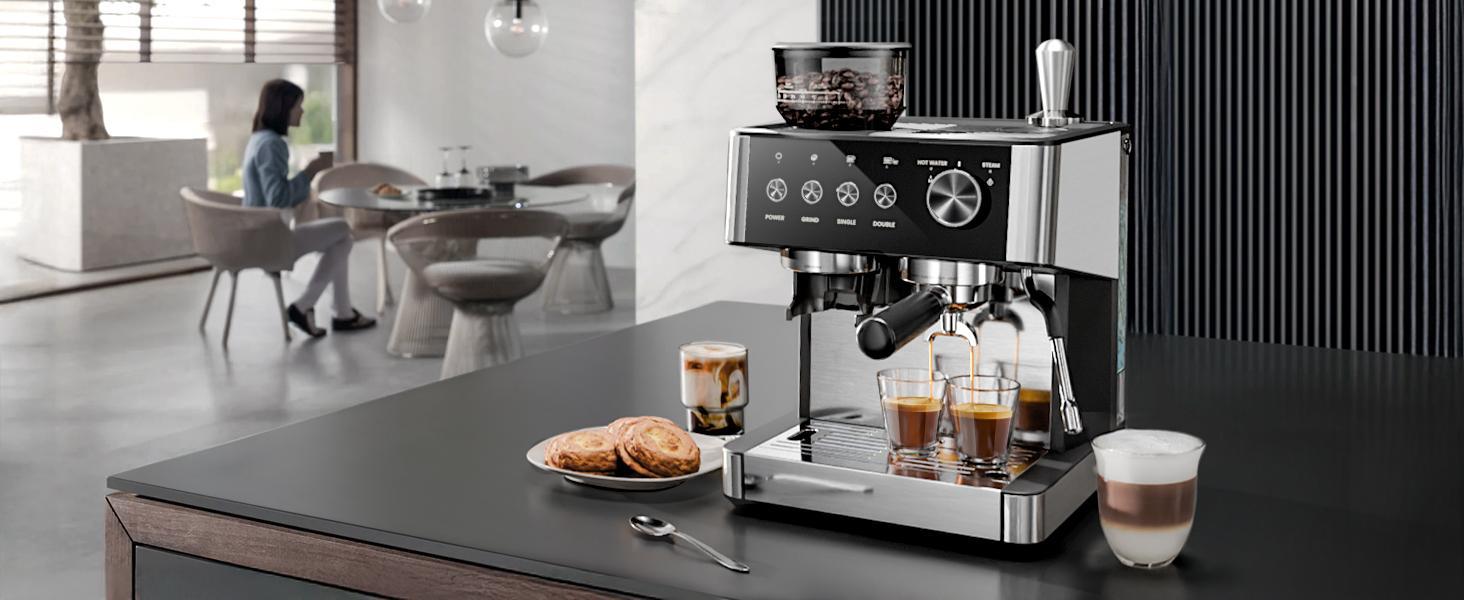 20-Bar Professional At-Home Espresso Machine with Coffee Grinder, 12+Cup Capacity, Removable Water Tank, Automatic Milk Frother, Timer, Descaling Function, 1500W Motor, US Plug - For Latte, 12 Cups & Above