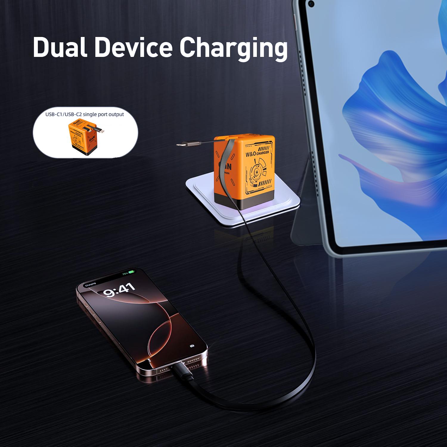 W&O 2 in 1 GaN Charger 80W MAX Fast Charger Folding Charging ortable Yellow Charging Block 2-Port Fast Compact GaN Charger
