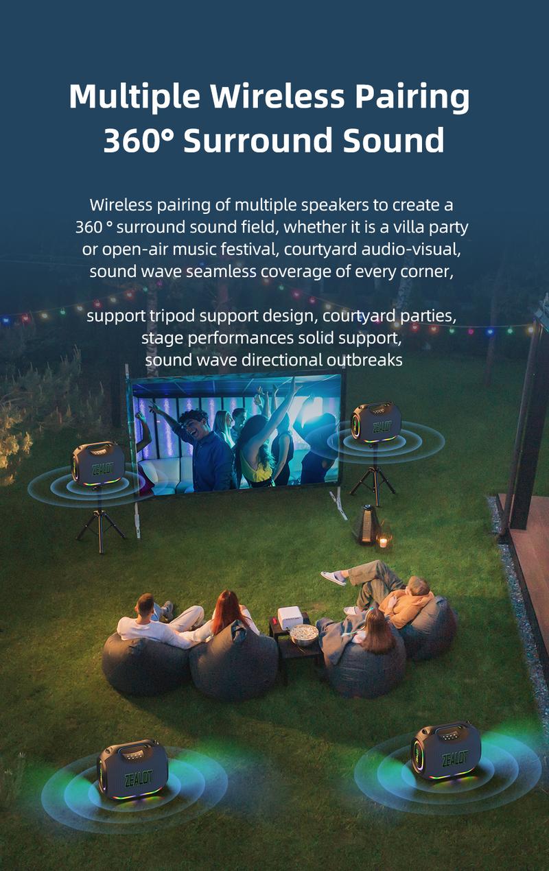 250【ZEALOT】Portable wireless speaker high ,fidelity sound and audio, desktop Bluetooth speaker surround sound, TWS pairing, 48000 long battery life, supports USB/TF card/AUX/BT smartphones. Ideal choice for family/car/party/camping/gift giving