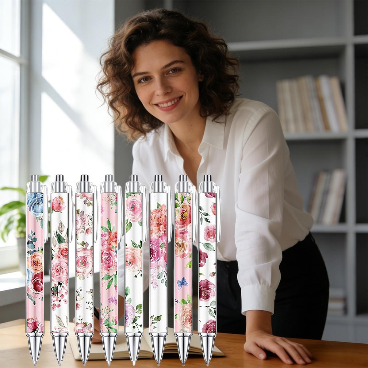 8/16/24 Pieces Flower Ballpoint Pens Bulk, Spring Floral Pens, Colorful Floral Retractable Black Ink for Women, Spring Flower Writing Journaling Gifts Office Supplies