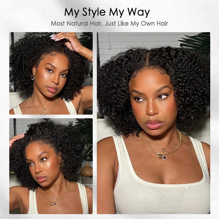 Pizazz Hair 4C Edges Curly Bye Bye Knots Bob Wig 280% Density 8x5 Lace Front Wigs Human Hair Pre Bleached Pre Plucked with Curly Baby Hair Hairline Transparent HD Lace Frontal Wig