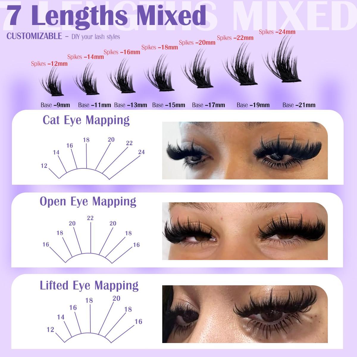 Dramatic Lash Clsusters Kit, Lash Ciusters with Spikes, Dense Eyelash Clusters Kit, Natural Eyelash Extension Kit, Thin Band Individual Lashes Kit with Bond & Seal & Glue Remover & Tweezer DIY at Home