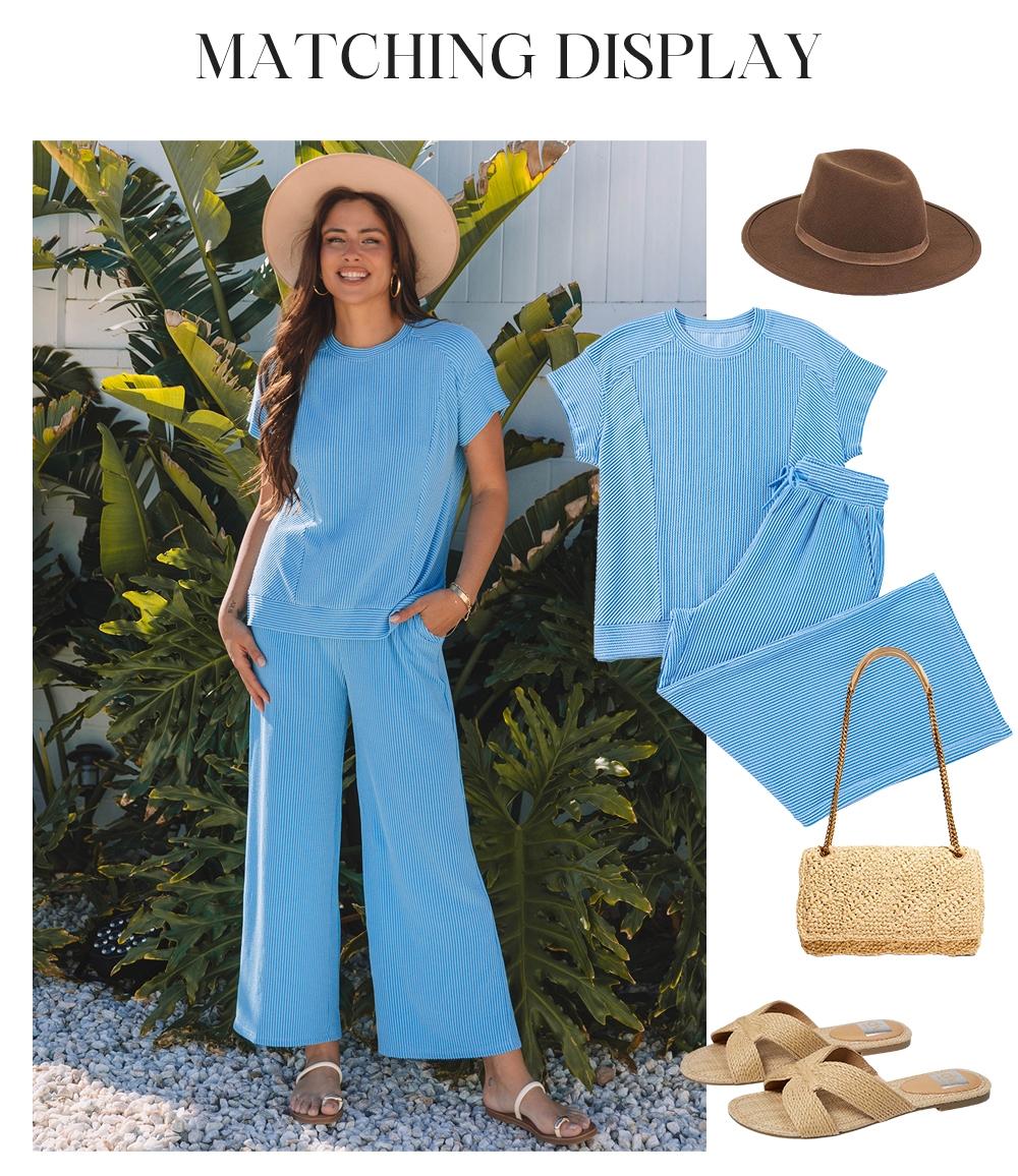 Women's Twisted Ribbed Knit Solid Color Set - Round-neck Short Sleeve T-Shirt & Wide Leg Pants with Side Pockets, Casual Comfy for Summer Daily Wear, Co Ord Sets