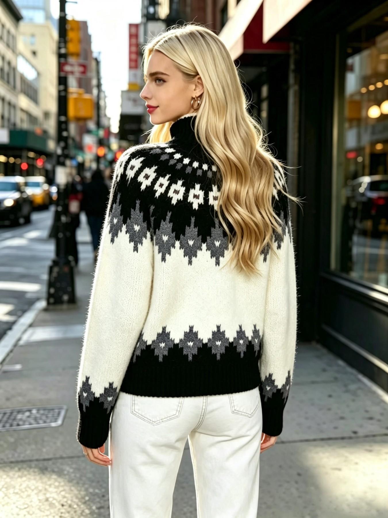Vintage Women's Knit Patchwork Pullover Sweater, Warm Fuzzy Fabric, Half High Neck Long Sleeve, Fall Winter Casual Commute Daily Wear, Knitwear