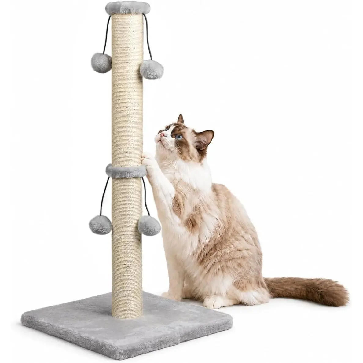 29 Inch Cat Scratching Post, Natural Sisal Rope Scratcher with 4 Dangling Toy Balls for Large Cats and Kittens, GreyGift