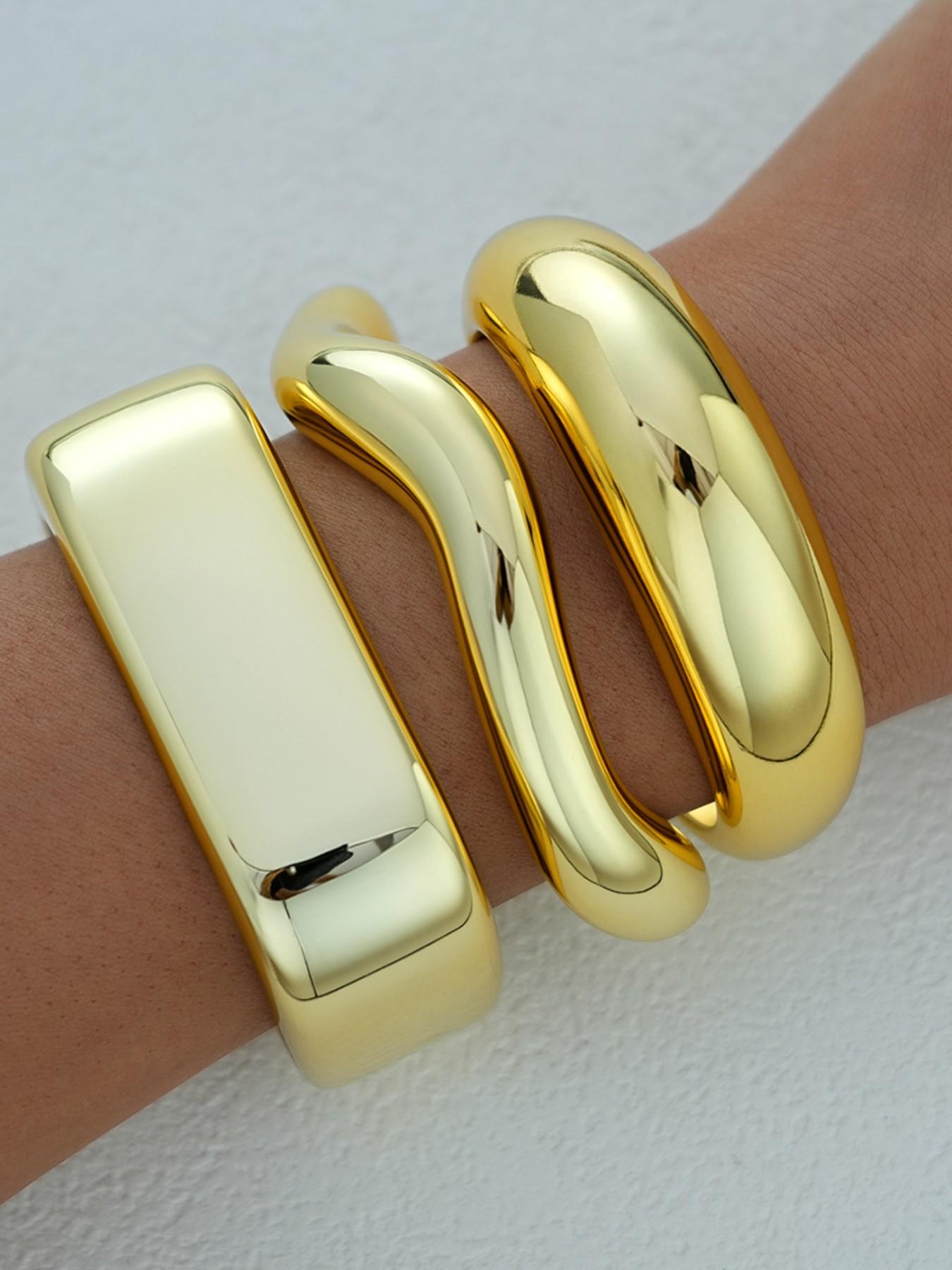 3-Piece Vintage Elegant Fashion Casual Minimalist Wide Wave Arc Ccb Resin Lightweight Open Bangle Set for Women, Perfect for Daily Wear, Parties, Weddings