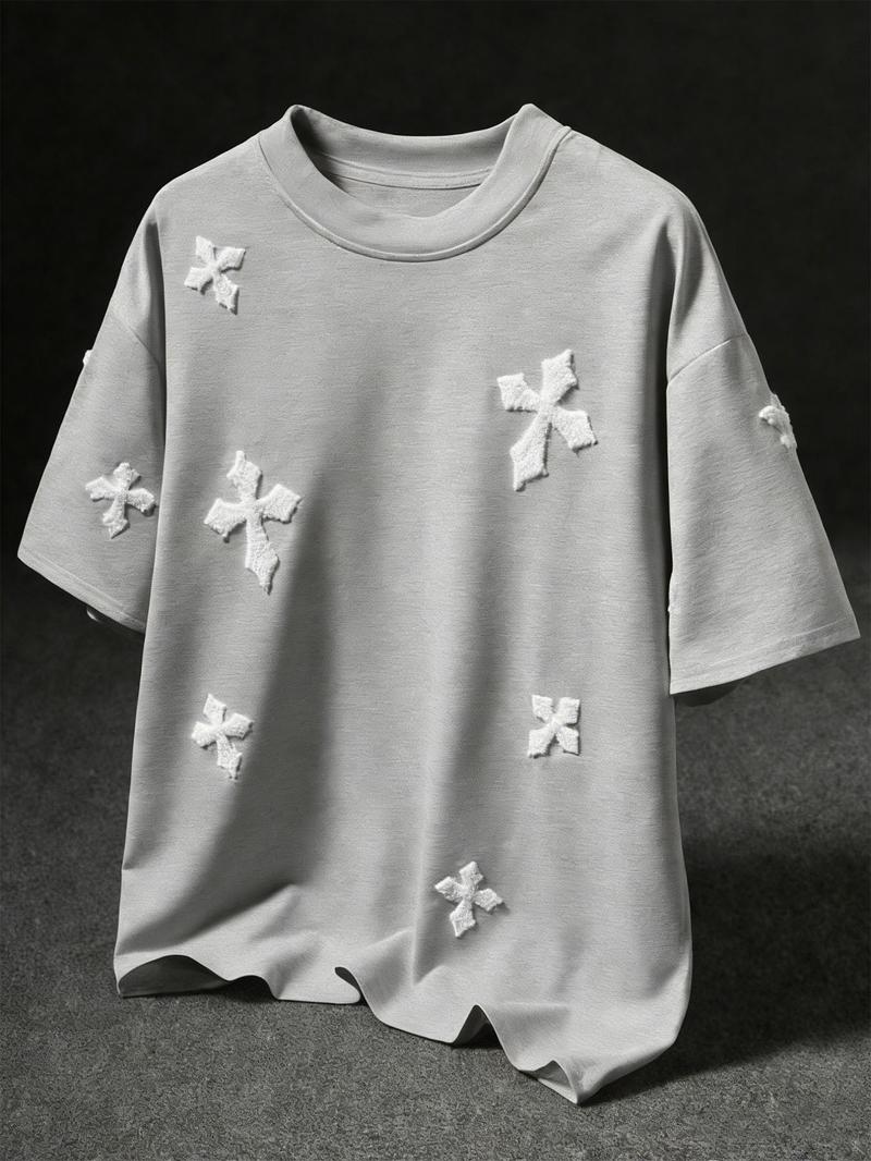 Men's Cross Stitch Embroidered Solid Color Round Neck T-Shirt, Casual Fitted Long Sleeve Top for All Seasons, Sporty College Style Men's Cross Stitch Embroidered Solid Color Round Neck T-Shirt, Casual Fitted Long Sleeve Top for All Seasons, Sporty College Style