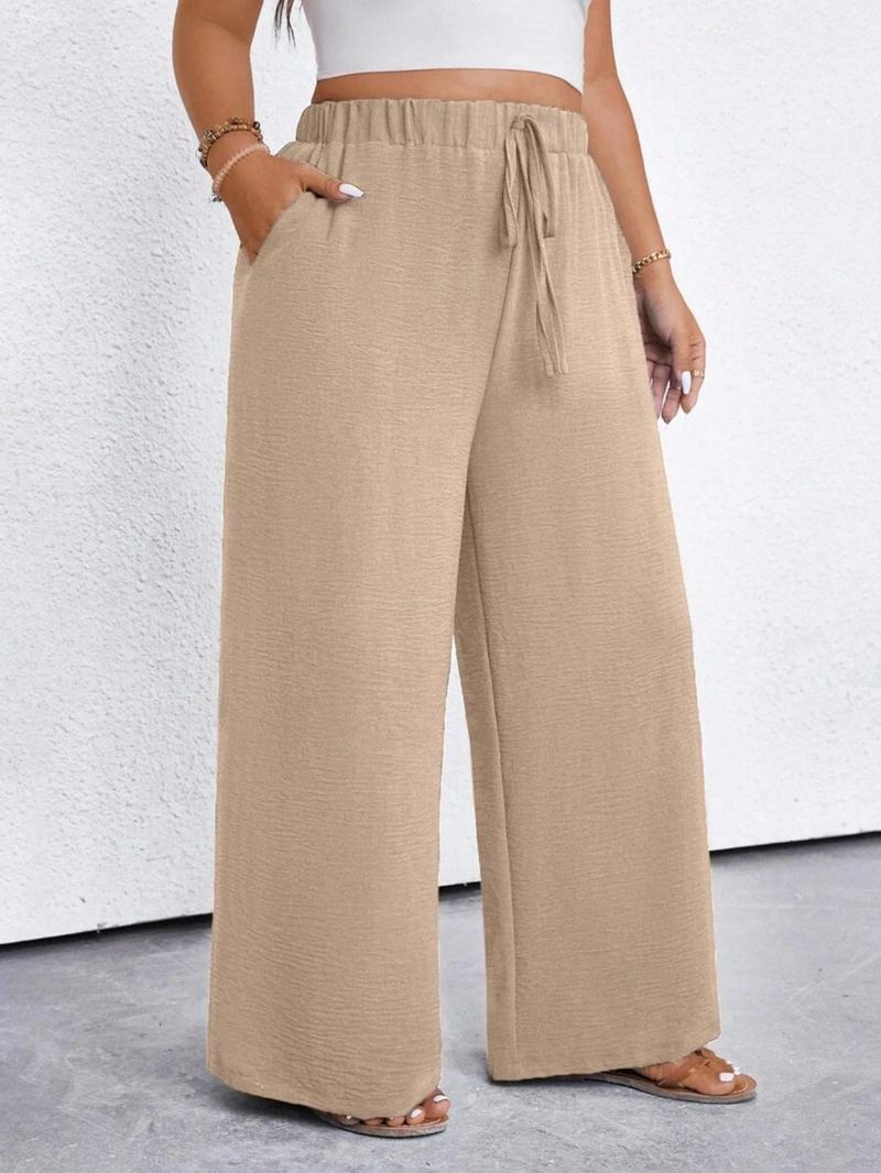 Plus Size Women's Solid Color Waistband Pocket Wide Leg Pants, Autumn Fabric, Fashionable Ladies' Clothing for Comfort and Style