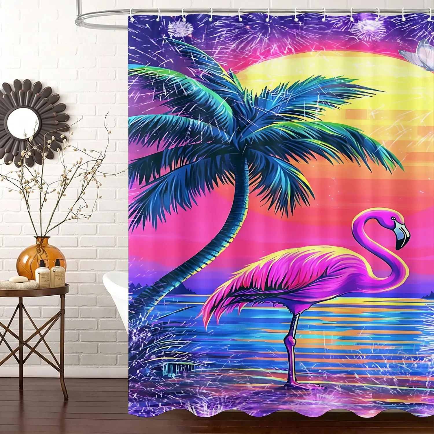 Flamingo Palm Tree Sunset Pattern Shower Curtain, Waterproof Fabric, with Mounting Hooks, Neon Beach Themed Bathroom Decor, Vivid Multicolor Palette For Eye-Catching Bath Space