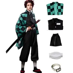 Kamado Tanjirou Costume Anime Cosplay Japanese Kimono Coat Black Top Pants Wig Full Set for Men Theme Party