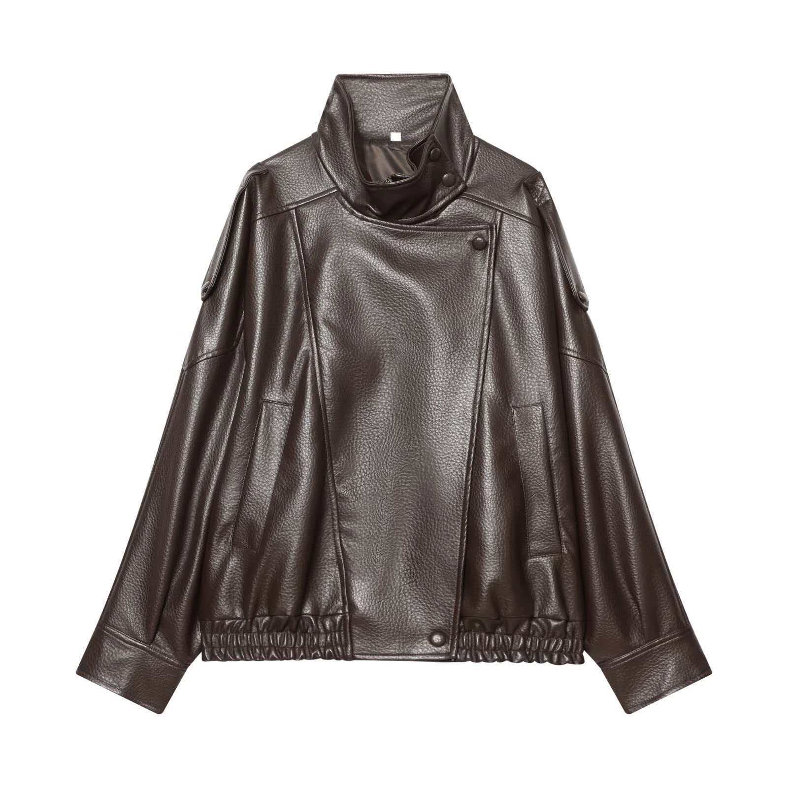 Women's Faux Leather Stand Collar Moto Jacket, Elastic Hem Casual Streetwear, Long Sleeve Water-Resistant Outerwear for Spring & Fall, Coats