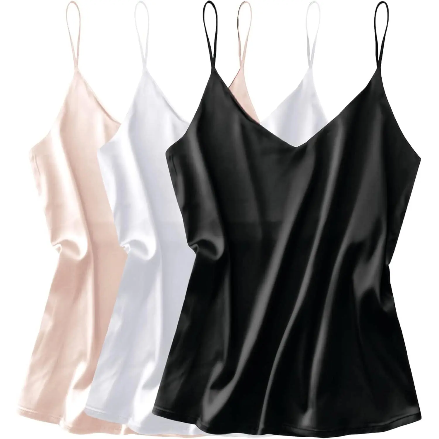 3 Pack Womens Silk Satin Tank Tops V Neck Camisole Spaghetti Strap Loose Sleeveless Blouse ShirtsGift