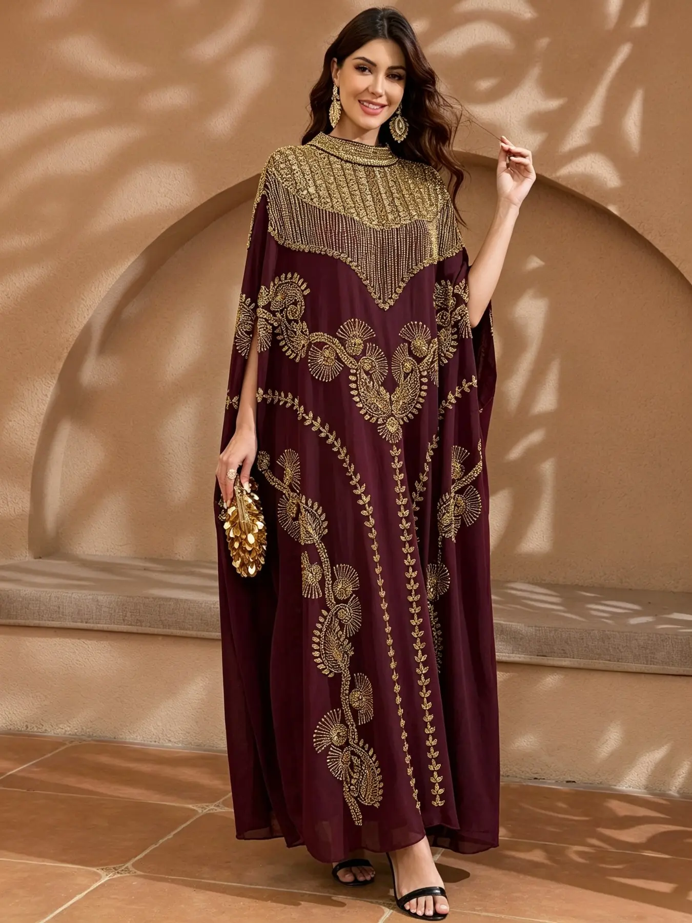 Women's Plus Size Kaftan Dress, Kaftan Embroidery Abaya, Gold Embroidered Beaded Cape Sleeve Abaya, Loose Mock Neck Maxi Long Dress For Party & Wedding, One Size CXD37