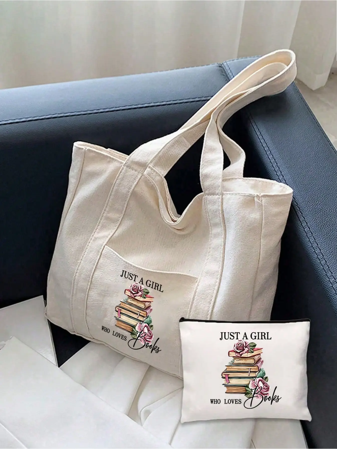 Reading Club Canvas Tote Bag Set, Book and Flower Pattern, Large Capacity, Durable Shoulder Bag, Perfect Gift for Readers and Travelers