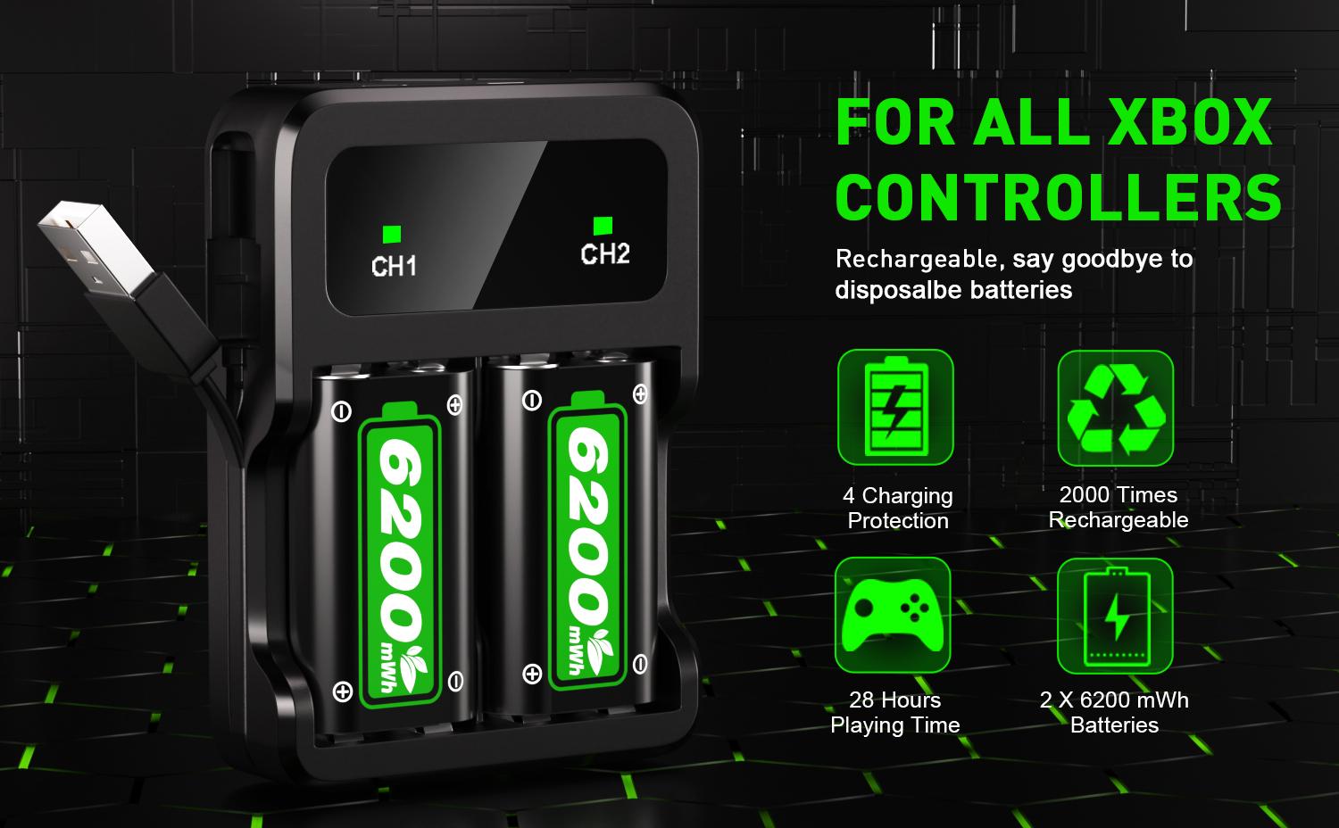 2×6200mWh Rechargeable Battery Packs for Xbox Controller, Compatible with Xbox One, One Elite, One S/X and Series S/X, High-Capacity, Fast Charging, Long-Lasting, Eco-Friendly Charging Station with Intelligent Protection, Console, Smartphone 2×6200mWh Rechargeable Battery Packs for Xbox Controller, Compatible with Xbox One, One Elite, One S/X and Series S/X, High-Capacity, Fast Charging, Long-Lasting, Eco-Friendly Charging Station with Intelligent Protection, Console, Smartphone