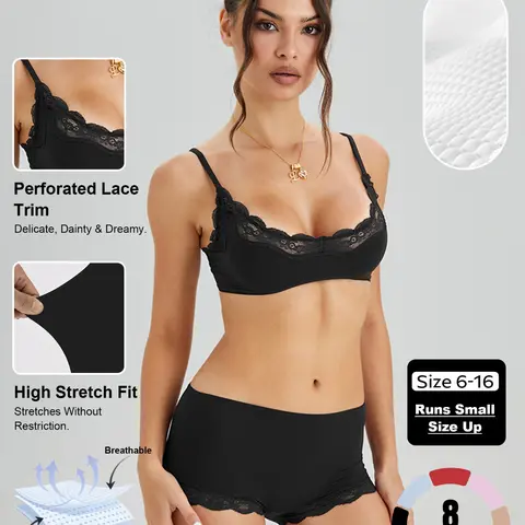 Women's Lace-Trim Spaghetti Bralette & Low-Rise Panty Set, Solid Color Slightly Sheer Lingerie & Underwear Set, Seamless Breathable Sweat-Wicking Stretch Fit For Everyday Comfort