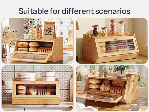 HOOBRO Bread Box, Bamboo Bread Box for Kitchen Countertop, Farmhouse Bread Storage Box with Acrylic Window, Bread Holder with Drop-Down Door, for Food Storage, Natural