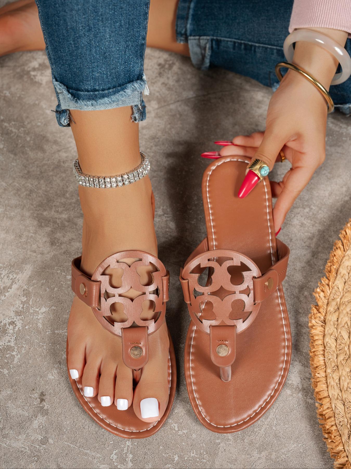 Women's Vintage Hollow Out Flip Flops, Summer Flat Sandals, PU Upper, Rubber Sole, Casual Outdoor Slippers