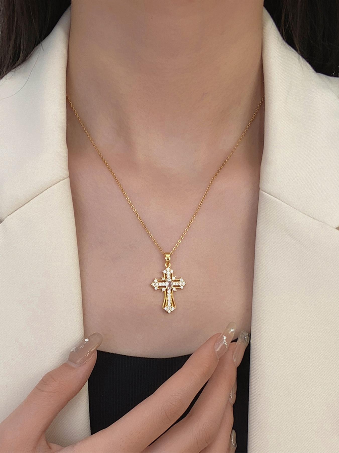 Rhinestone Cross Pendant Necklace For Women For Gift, Coptic Cross Necklace, Clavicle Chain Necklace, Fashion All-match Accessory