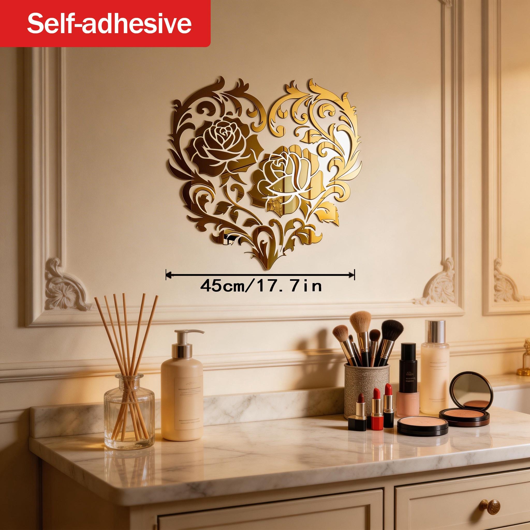 Mirror Rose Heart Art Self-Adhesive Wall Hanging Makeup Mirror, Romantic Decorative Wall Mirror for Living Room Bedroom, Luxury Atmosphere