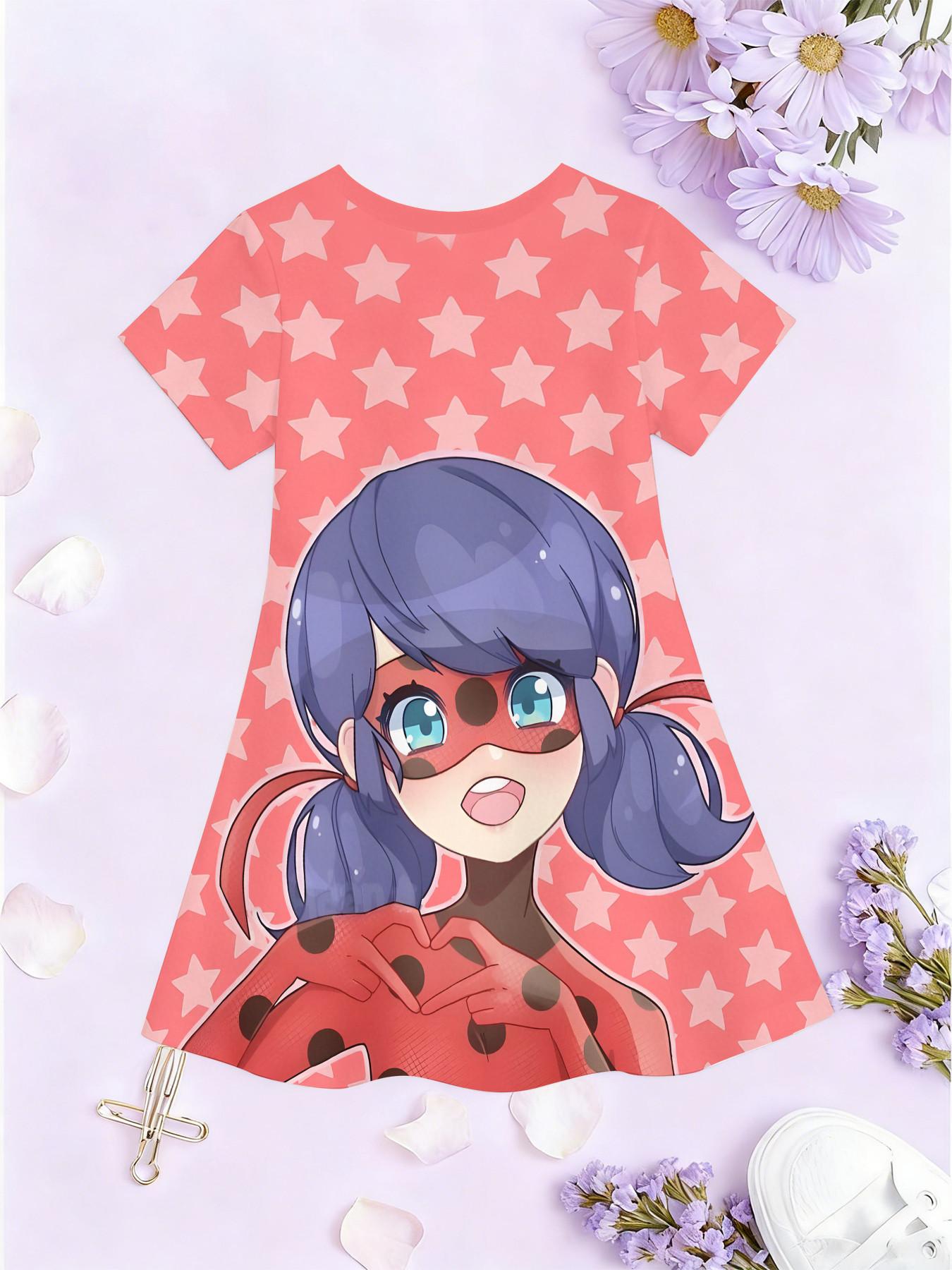 Girls' 3D Short Sleeve Dress, Miraculous Girl Ladybug Heart Print, Perfect for Parties, Festive Gifts, Birthday Presents