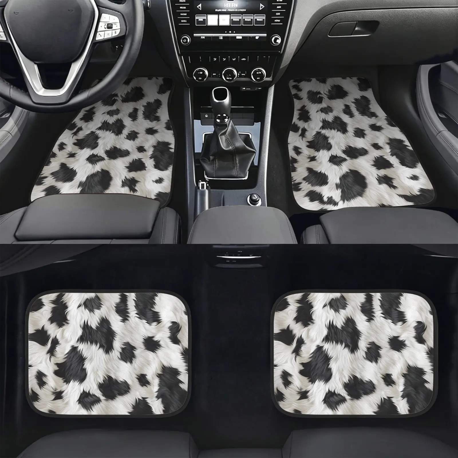 Western Cowhide Print Car Floor Mats (4-Piece, 42x46cm), Flannel+TPR Anti-Slip Backing Liners, Stain-Resistant Universal Fit All-Season Interior Accessories for Truck SUV Sedan