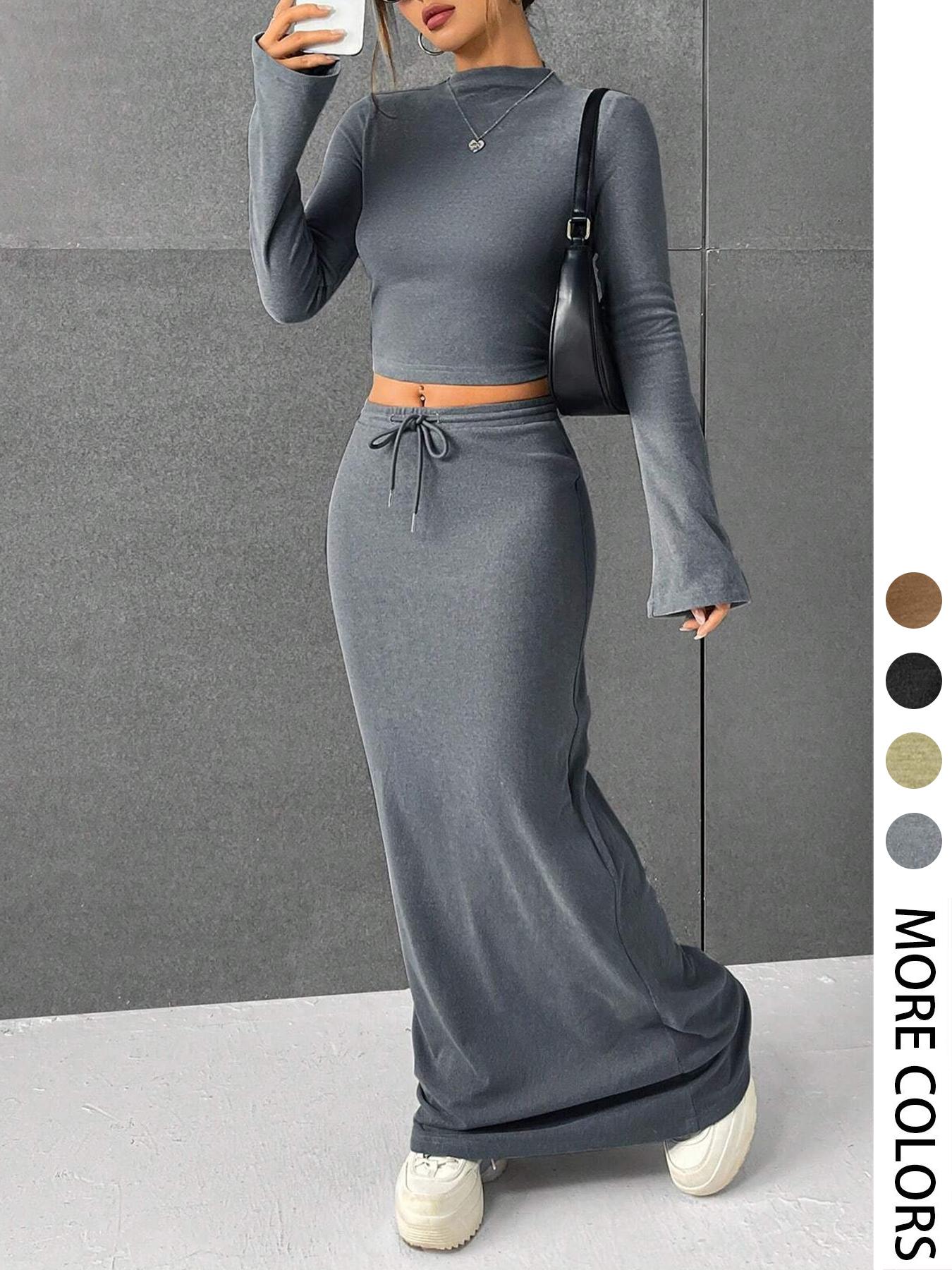 Women's Solid Flounce Sleeve Crop Tee & Drawstring Skirt Two-piece Set for Daily Outdoor Wear, Women's Clothing for Spring & Fall