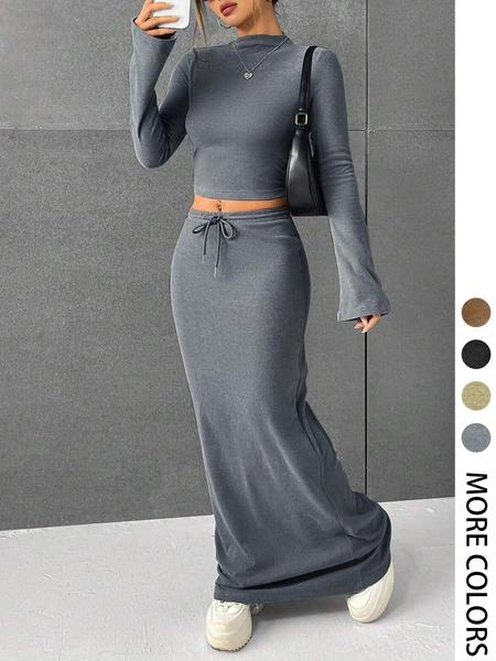 Women's Solid Flounce Sleeve Crop Tee & Drawstring Skirt Two-piece Set for Daily Outdoor Wear, Women's Clothing for Spring & Fall