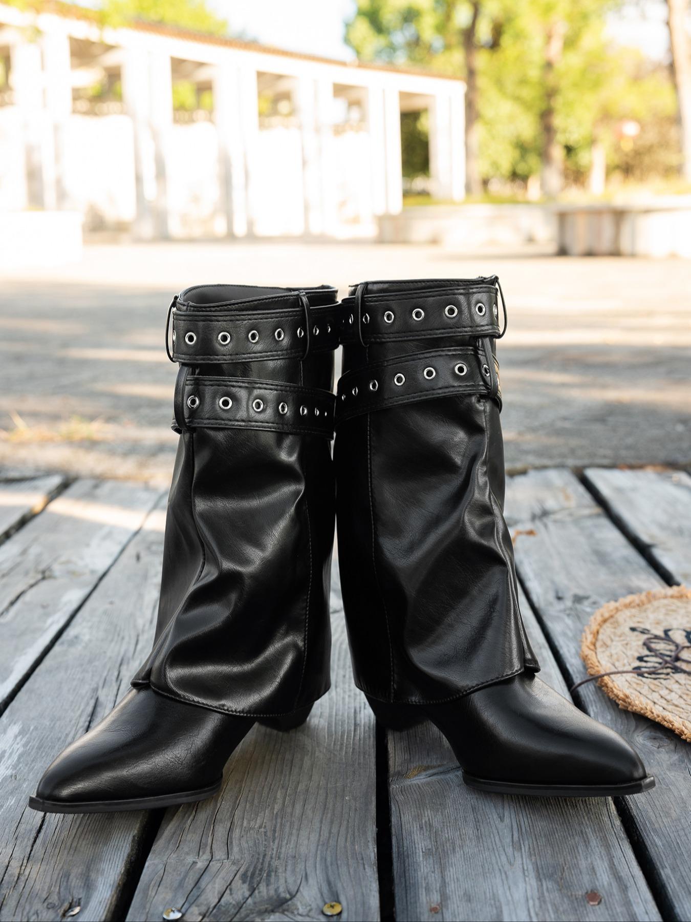 Women's High Heel Pointed Toe Short Boots, Soft Leather Boot Tube with Metal Buckle Decor, Vintage Western Cowboy Style Fashion Boots, Western Cowgirl Boots