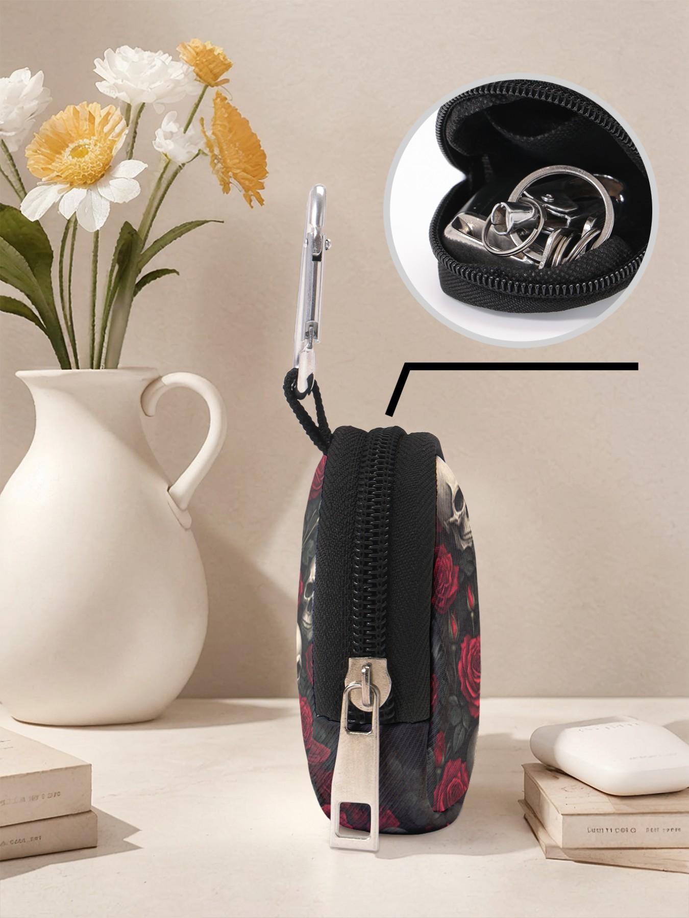 Rose Skull Pattern Mini Wallet, Lightweight Zipper Coin Purse with Hook Clip, Earphone Key Bag, Unisex Casual Style, All Seasons