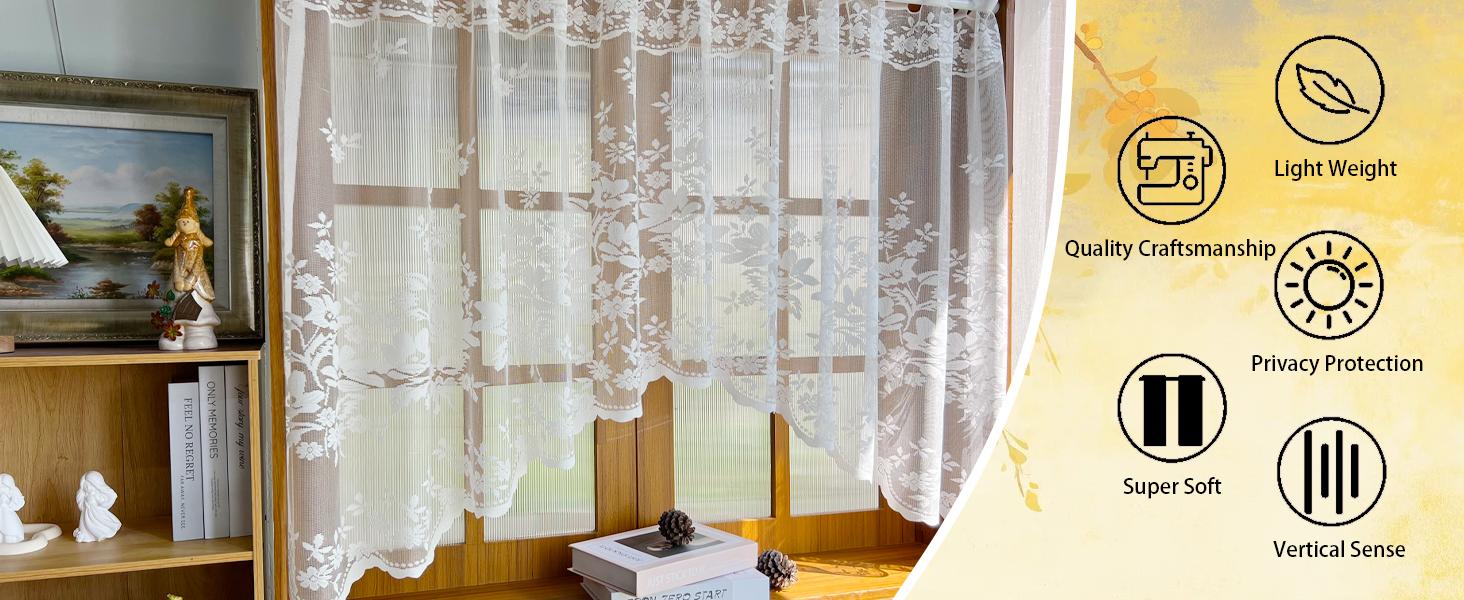 1pc Arched Sheer Curtain - White Lace Floral Print Embroidery Rod Pocket Top, for Doorways/Windows, 63in W x 39in L, One-Piece
