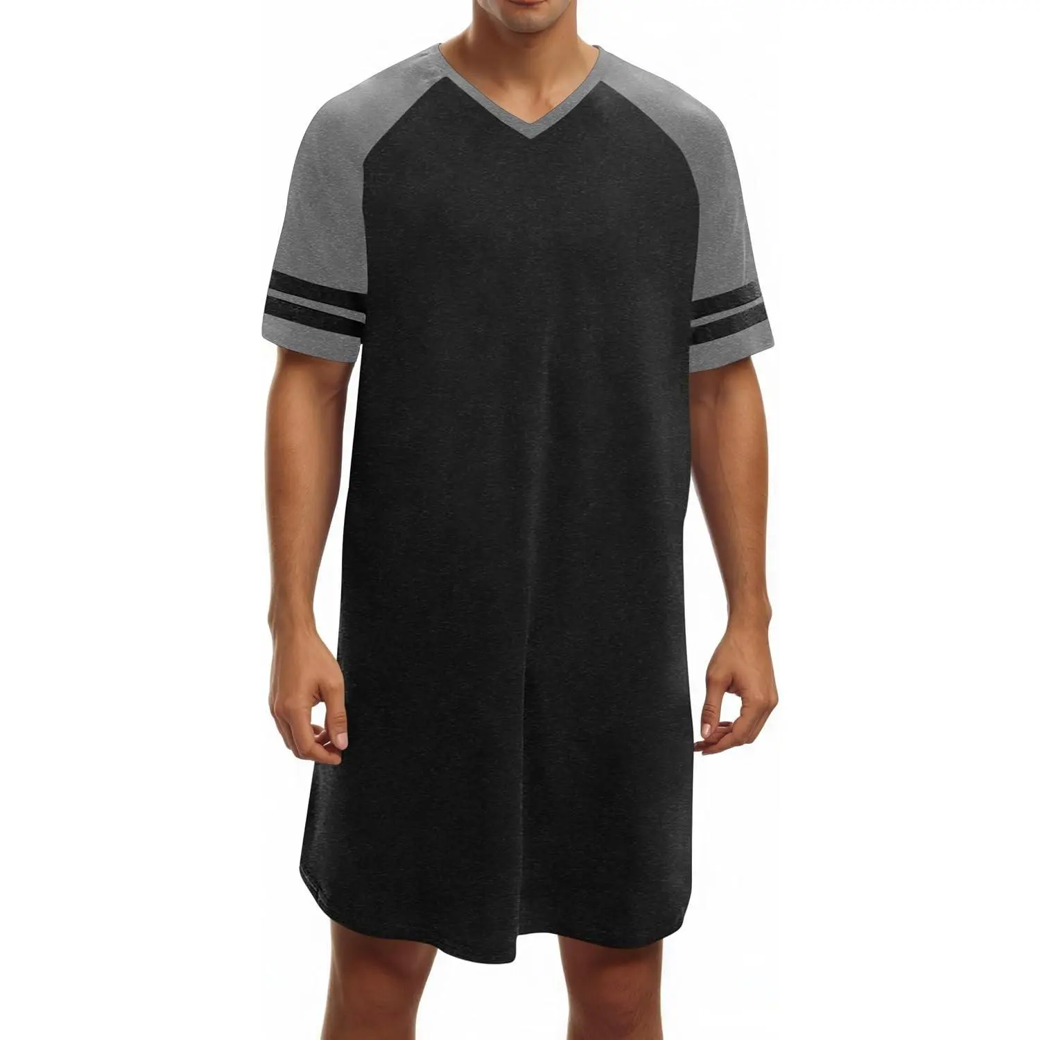 Mens Nightshirt Short Sleeve V Neck Nightgown Color Block Loose Fit Comfy Lounge Pajama Sleepwear
