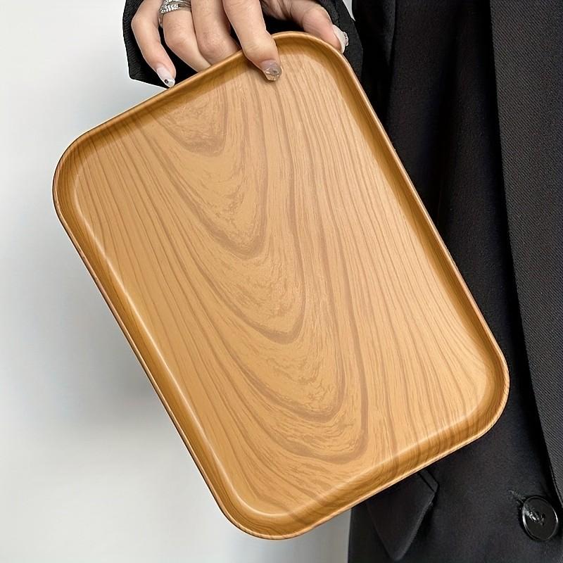 Wood Grain Plastic Tray, Rectangular Multi-Purpose Tray with Oak Design, Lightweight Durable Aesthetic Kitchen Countertop Decor, Home Hotel Cafe Art Decoration