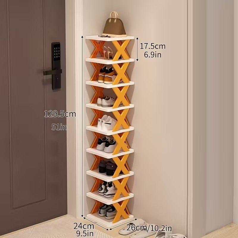 Nine-layer shoe rack. This space-saving vertical shoe rack can hold 9 pairs of shoes. Suitable for wardrobes, corridors, bathrooms, and dormitories. Plastic stackable shoe rack - a multi-functional storage rack for doorways, easy to assemble.