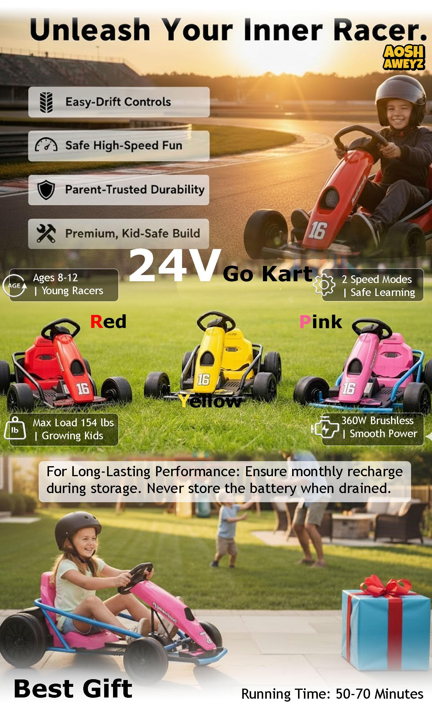 24V Electric Go Kart for Kids 8-12 Years, 8.1MPH High Speed Drift Racing Car, 3 Exclusive Color Themes, Upgraded Wear-Proof Rubber Rear Tires, Slow Start, Safety Belt, Music Horn, 154lbs Max Load, Outdoor Ride-On Toy Gift