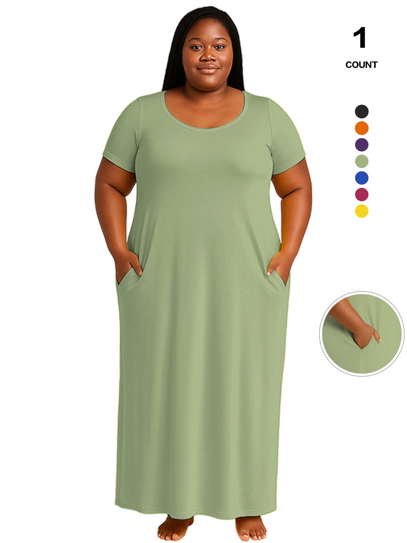 Plus Size Women's Solid Color Dress, Sexy Round Neck Short-Sleeved Long Dress, European and American Summer New Arrival, Casual Style