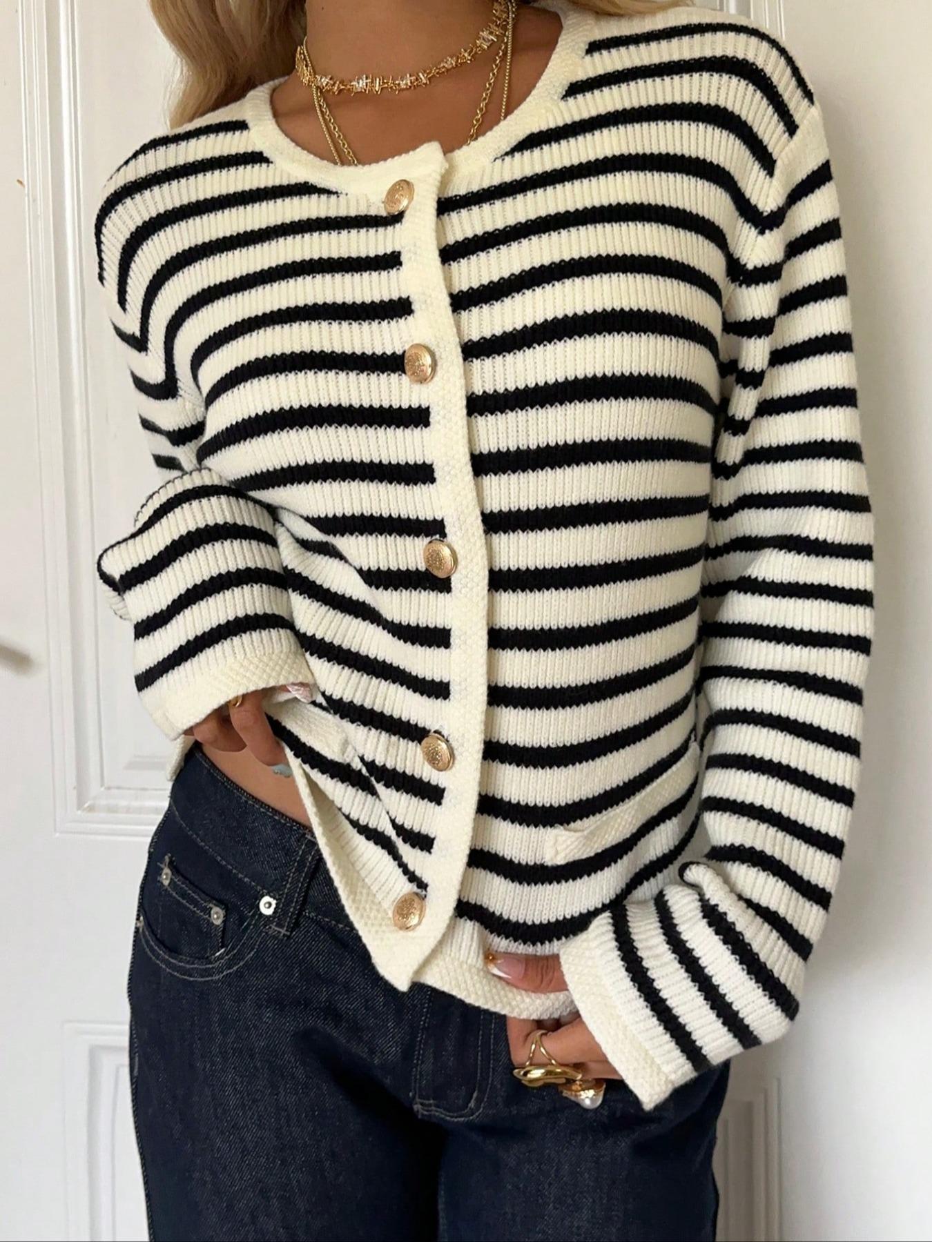 New Women's Knitted Fitted Sweater, Fall Winter Fashion, Drop Shoulder Button Front Cardigan, Striped Long Sleeve Top, Ladies Casual Wear, Knitwear
