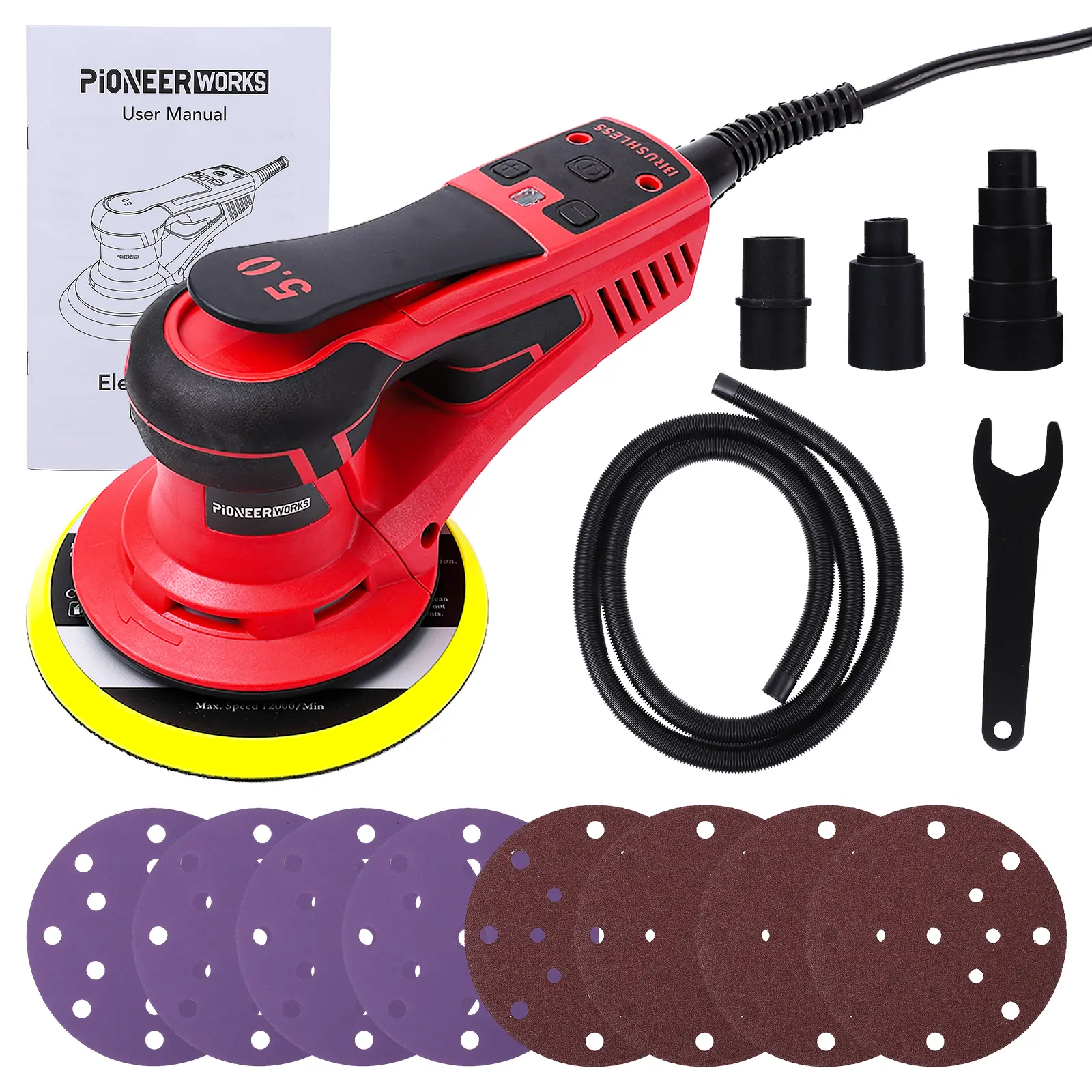 Garvee 350W Brushless 6-Inch Random Orbital Sander, Palm Grip - 5.0mm Orbit, 5-Speed up to 10,000 OPM - Low Vibration, Fine Particles Collection - Includes 12 Sanding Discs