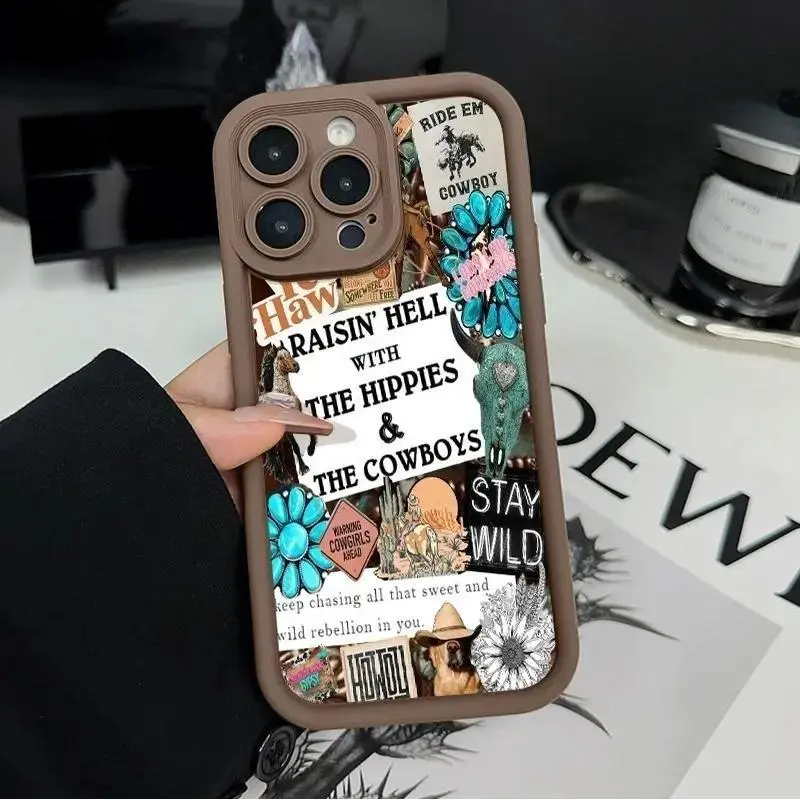 Silicone Cellphone Casing - Shockproof, Soft-Touch Phone Accessory with Scratch-Safe Screen Protection for iPhone 11/12/13/14/15/16/17 Pro, ProMax, Plus, Pocket-Friendly Cowboy & Hippie Collage Cover